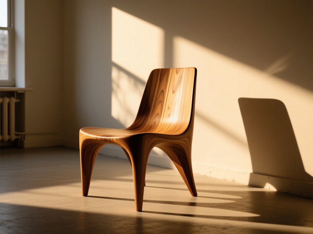 A single artisan-crafted chair in an empty sunlit studio, dramatic shadows emphasizing form, golden hour glow on wood texture, minimalist composition.