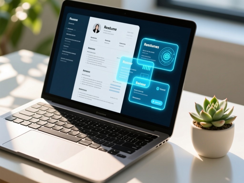 A sleek laptop displaying a resume transforming into digital cards on screen. Sunlight highlights the keyboard beside a small succulent plant. Clean tech aesthetic with natural elements.