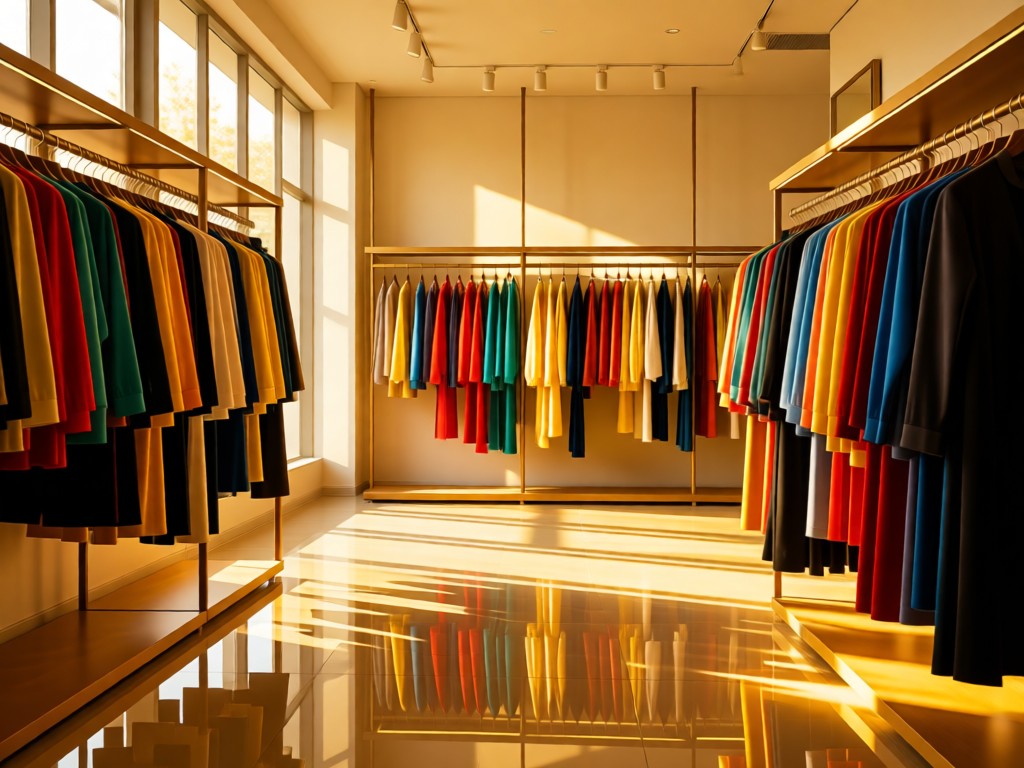 Neatly arranged clothing racks with colorful garments in golden light. Clean store interior with polished floors reflecting warm tones. Focus on organization and visual appeal. No people.