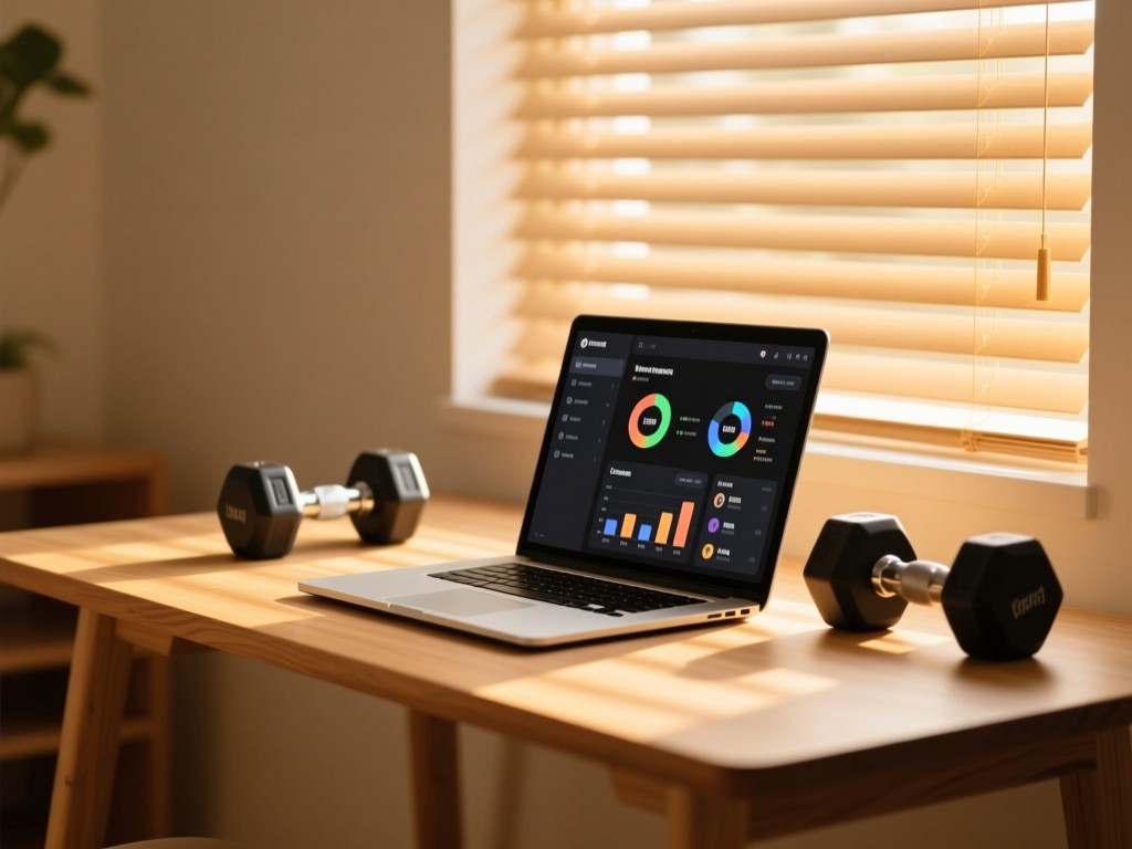 A minimalist wooden desk at golden hour featuring an open laptop showing a fitness dashboard, dumbbell nearby, soft sunlight filtering through blinds, shallow depth of field, warm tones, no people.