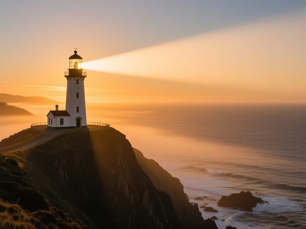 A lighthouse on a coastal cliff at sunset, beam cutting through golden-hour mist, symbolizing visibility and guidance, warm color palette, expansive ocean backdrop.
