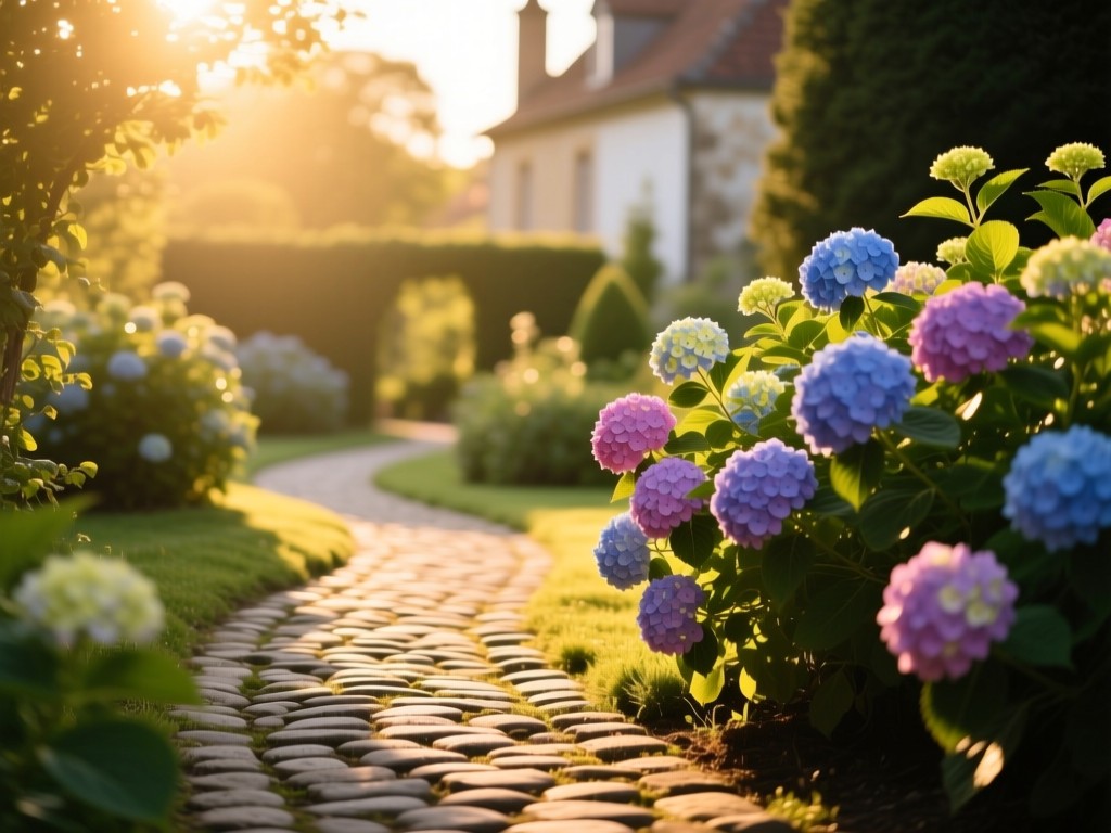 A winding cobblestone path through a sun-dappled European garden, golden hour lighting, vibrant hydrangeas, soft focus background symbolizing discovery journey.
