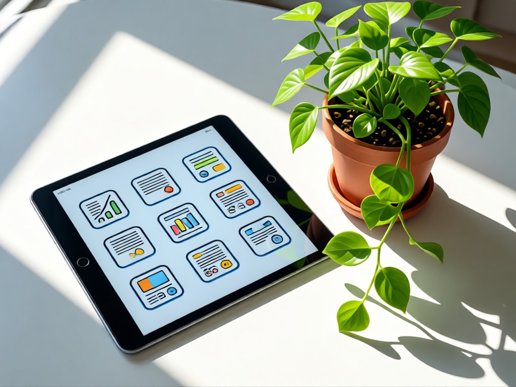 Modern tablet displaying tax form icons beside a thriving potted money plant. Sunlight creates vibrant leaf shadows on white surface. Clean and organized feel.