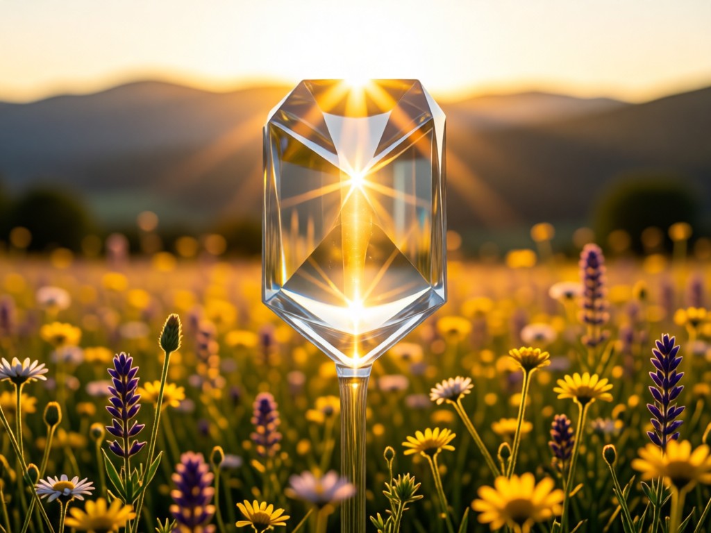A single crystal-clear lens filter standing upright in a field of wildflowers at golden hour. Sun flares through the glass, symbolizing focus and clarity. Distant hills blur softly. No people.
