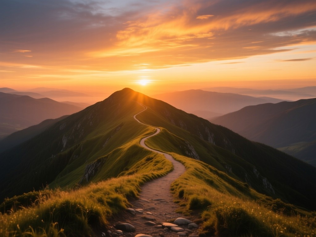 Winding mountain path at sunset leading to glowing horizon, symbolizing discovery and growth, warm golden hour lighting, vibrant natural colors, expansive sky, no human elements.