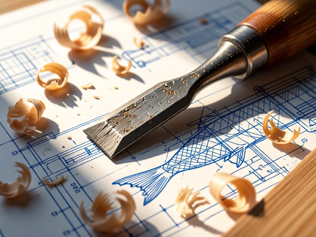 Close-up of a carpenter's chisel resting on blueprints. Sunlight illuminates wood shavings scattered around detailed drawings. Focus on textures of metal, paper, and wood. No people.