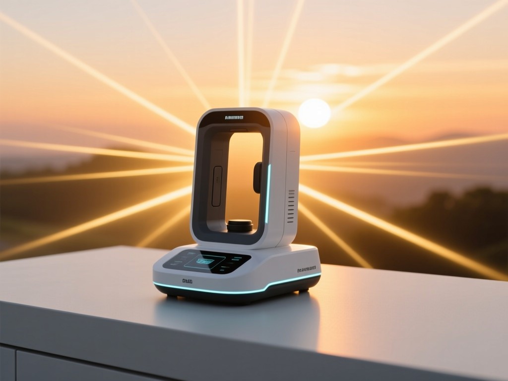 A high-tech skin scanner device centrally placed on a light-gray surface during sunset, golden beams radiating outward symbolizing influence, minimalist composition, warm lighting.