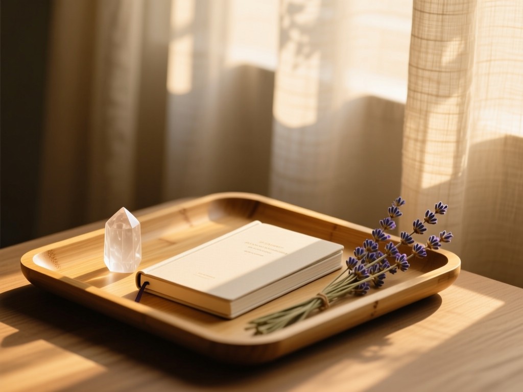A minimalist bamboo tray holding a curated journal, smooth crystal, and dried lavender during golden hour, soft sunlight filtering through linen curtains, shallow depth of field, warm natural tones, no text.