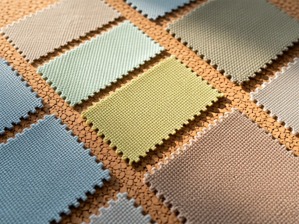 Macro shot of textured fabric swatches in soothing colors arranged on a cork board. Natural side lighting emphasizes weave patterns and eco-friendly materials. No people.