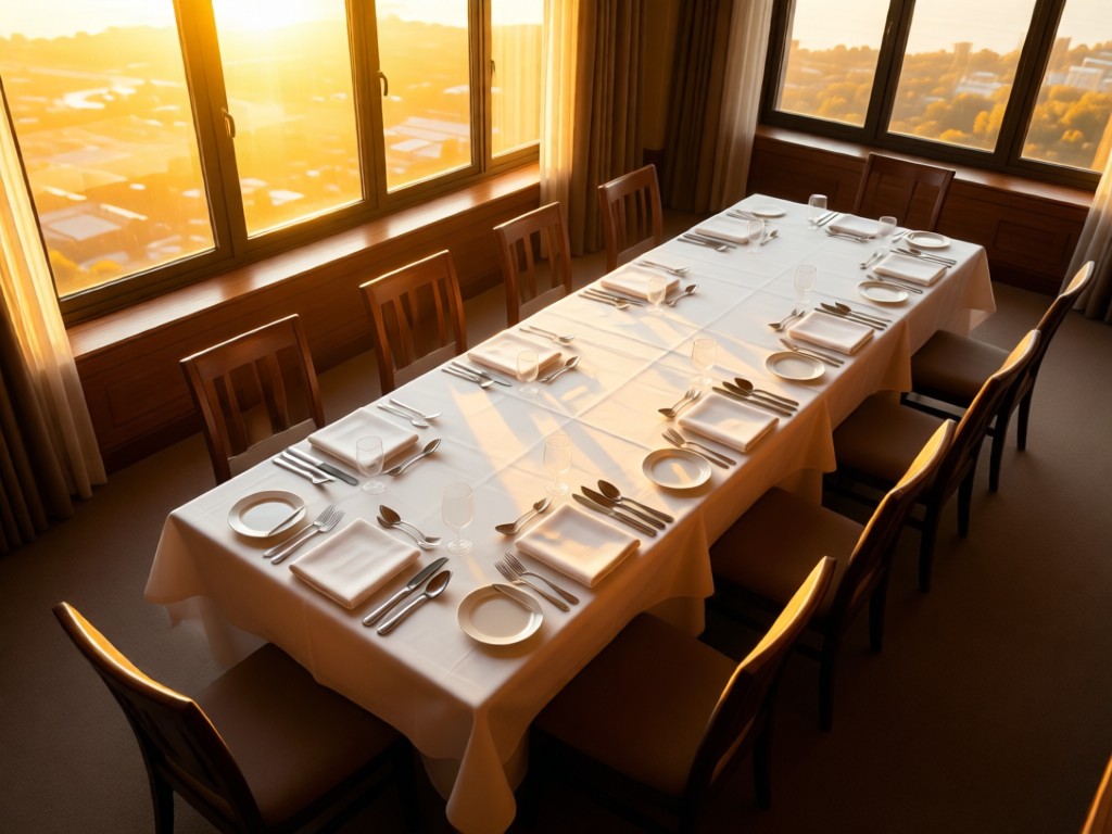 Aerial view of a perfectly set dining table featuring Oneida flatware, bathed in golden hour light through large windows. Empty chairs suggest readiness for guests. No people.