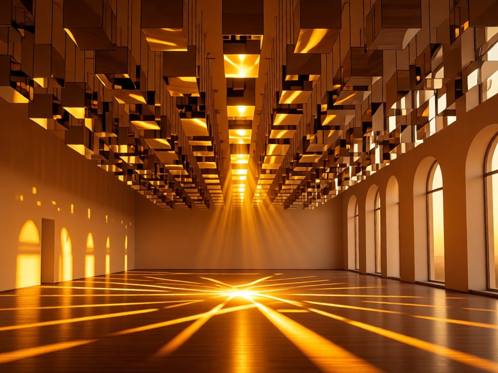 A labyrinth of suspended mirrors catching golden light in an empty gallery. Reflections create infinite depth. Warm sunset tones through high windows.