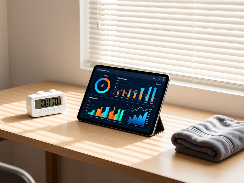 A minimalist desk with a tablet displaying athletic performance charts. Beside it, a clean white stopwatch and folded sports towel. Soft morning light through blinds. No people.