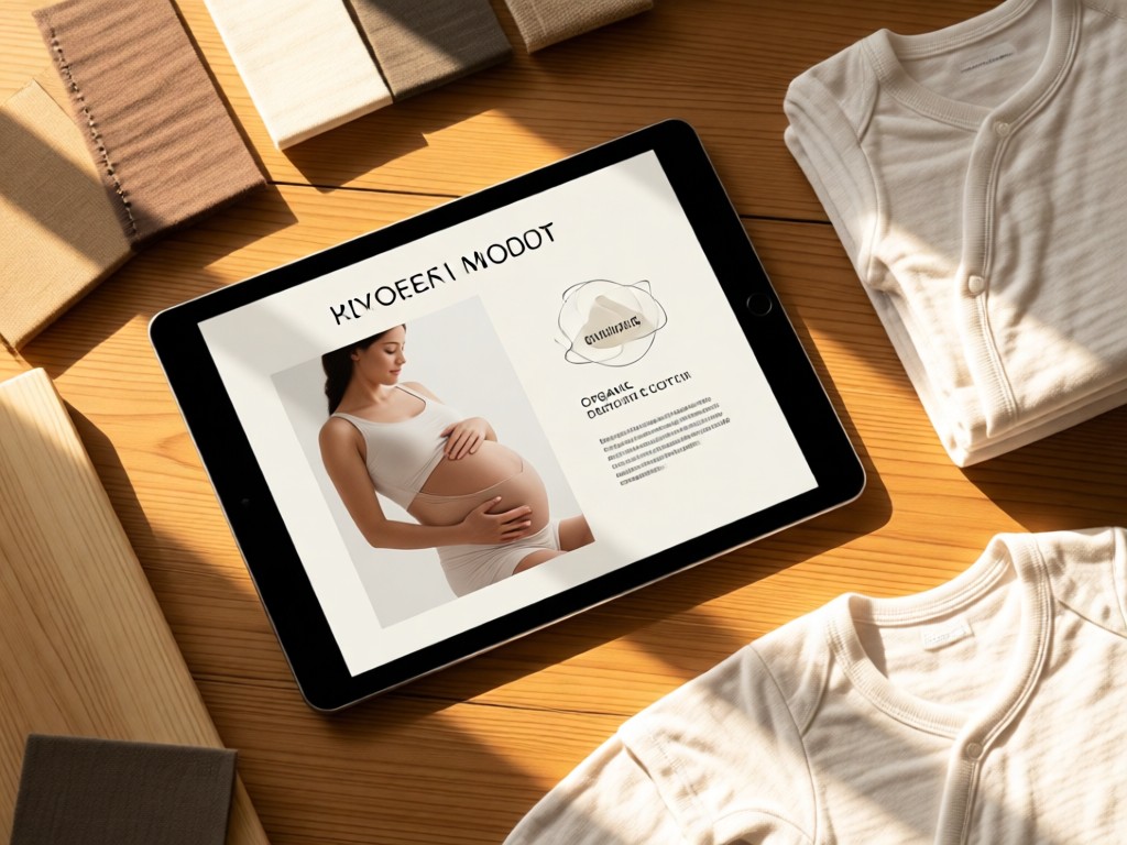 An open tablet displaying a sleek maternity lookbook beside folded organic cotton onesies. Natural wood textures and soft fabric swatches frame the scene. Morning light creates warm highlights.