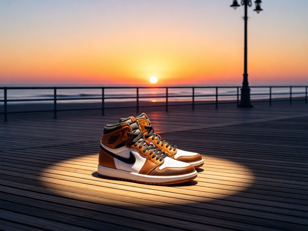 A single spotlight shines on fresh Jordans centered on empty Coney Island boardwalk at dawn. Ocean and rising sun in background symbolize new opportunities. No people.