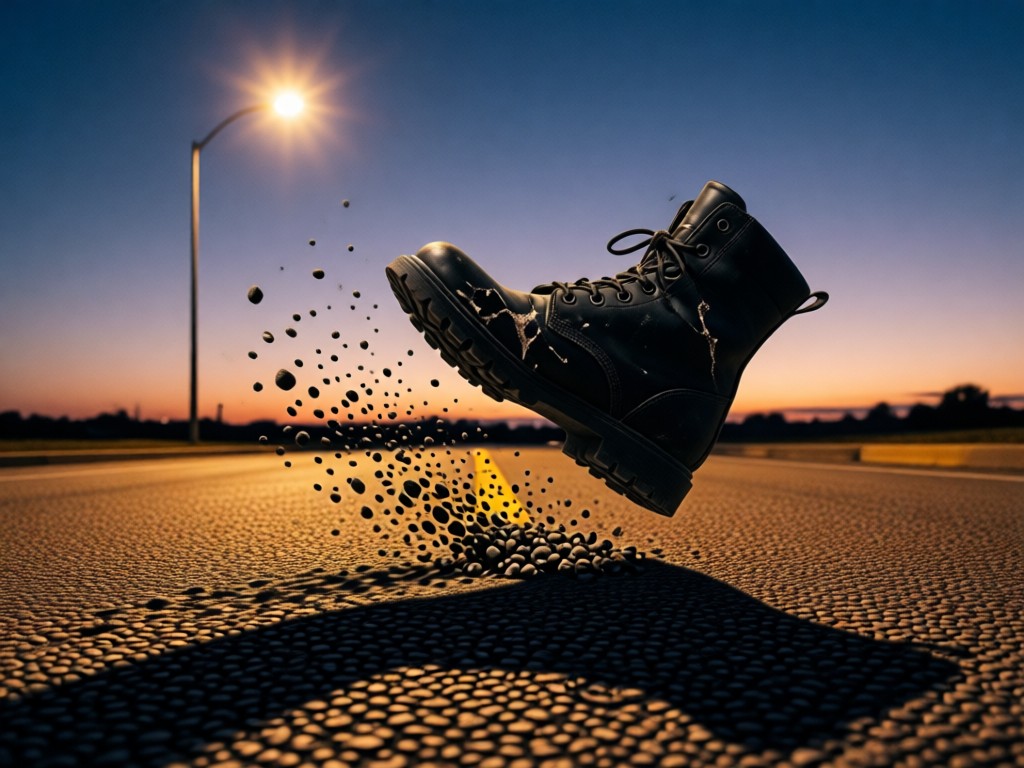 Low-angle shot of a chipped black combat boot kicking gravel on an empty street at dusk. A streetlight casts a long, defiant shadow. Symbolizes rebellion in motion. No people.