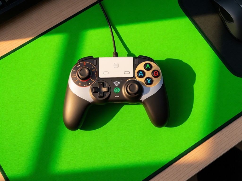 An aerial view of a DualSense controller centered on a vibrant green gaming mousepad. Golden hour light creates soft shadows. The isolated controller symbolizes focus and centralization of your gaming identity. No people.