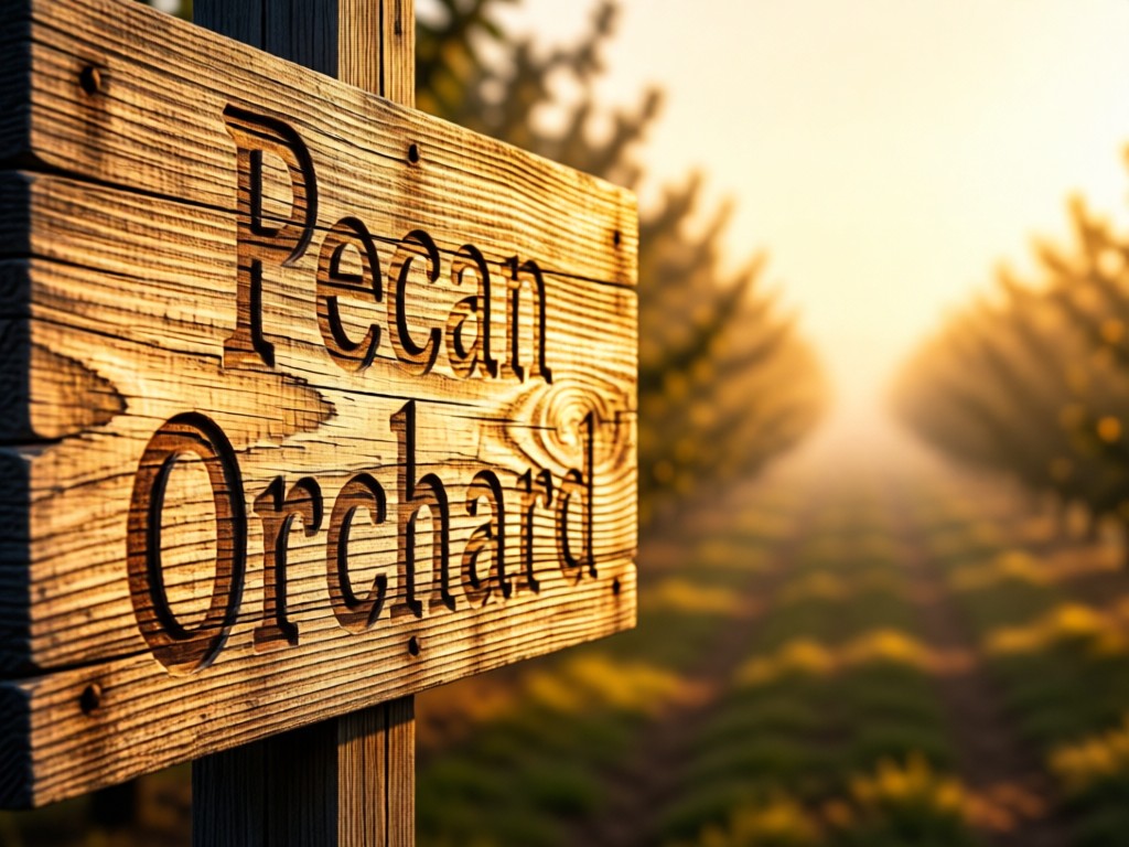 A weathered wooden sign with 'Pecan Orchard' hand-painted lettering. Blurred orchard rows recede into golden-hour mist. Warm focus on textured wood grain. No people.
