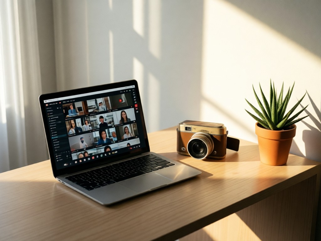 A minimalist desk with an open laptop showing a video grid interface. Beside it, a vintage film canister catches warm sunlight near a potted succulent. Clean composition with soft shadows.