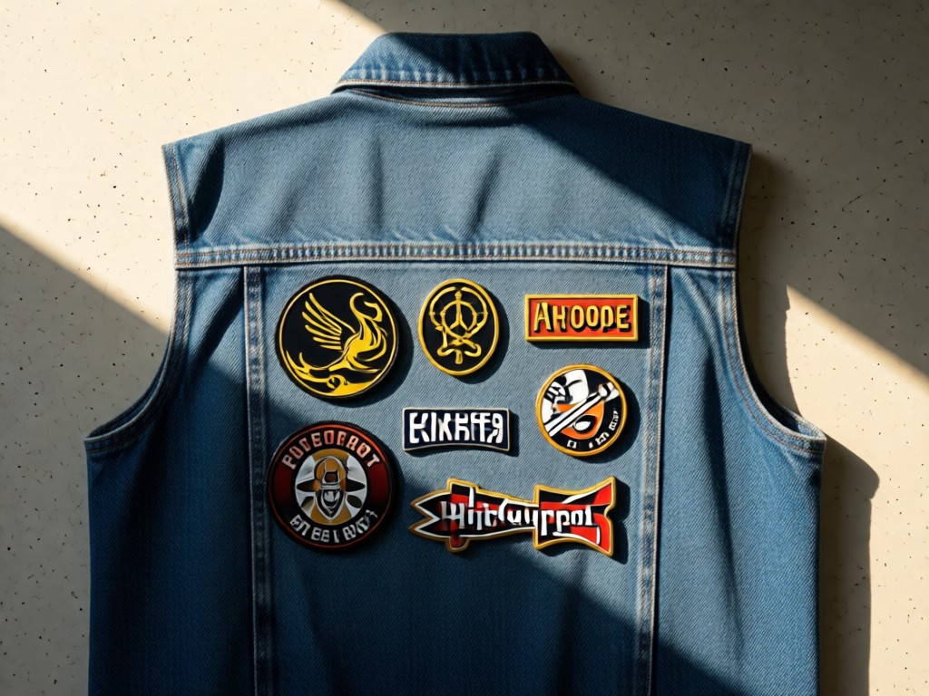 Overhead view of band patches and enamel pins arranged on a denim vest back. Afternoon sun creates dimensional shadows. Minimalist composition. No people.