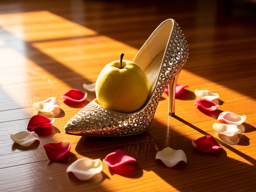 A single quinceañera high heel (zapato) surrounded by fresh rose petals on polished wood. Golden hour light creates long shadows. Symbolizes attention to detail.