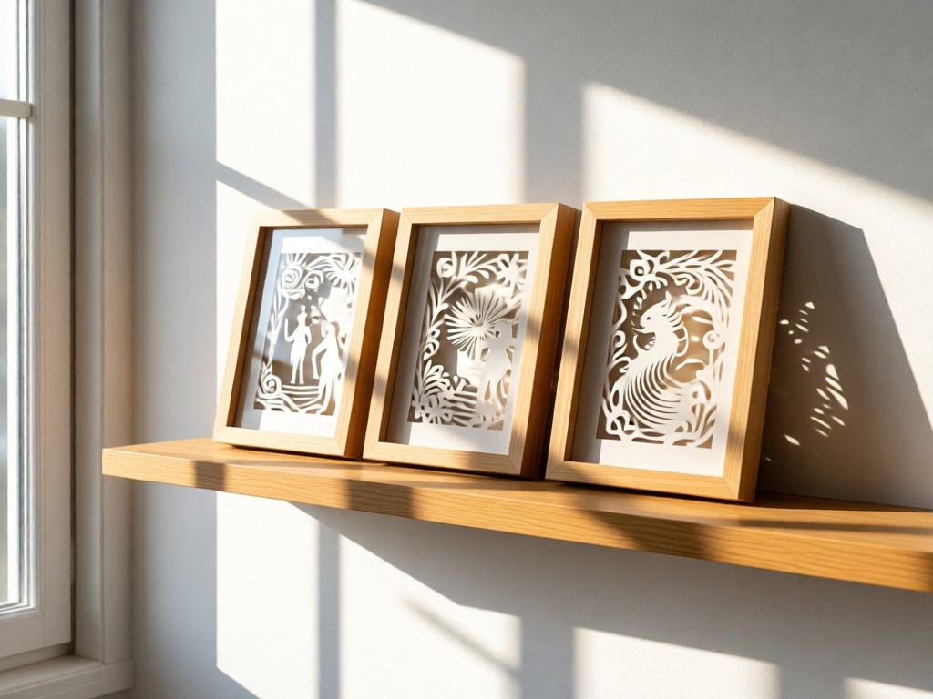 A minimalist wooden shelf displaying three papercut shadowboxes. Morning sun streams through a window, casting intricate shadows on a white wall. Focus on texture and light play. No people.