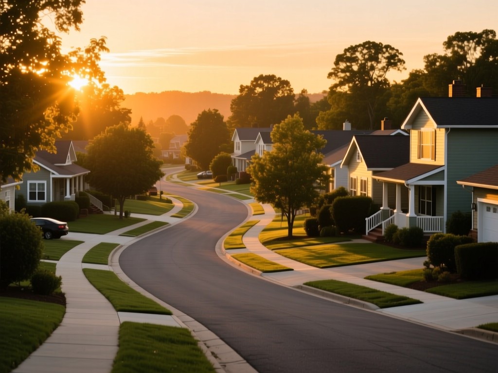 A winding neighborhood road at sunset with clean sidewalks and tidy homes, warm golden light filtering through trees, symbolizing local discovery and community reach.