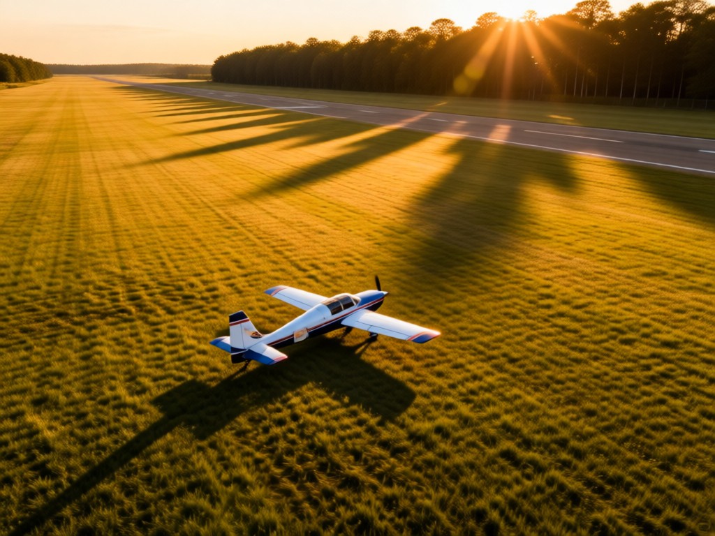 An aerial view of a single RC plane on a grassy runway at golden hour. Long shadow stretches toward distant trees. Symbolizes readiness and professional presentation. No people.