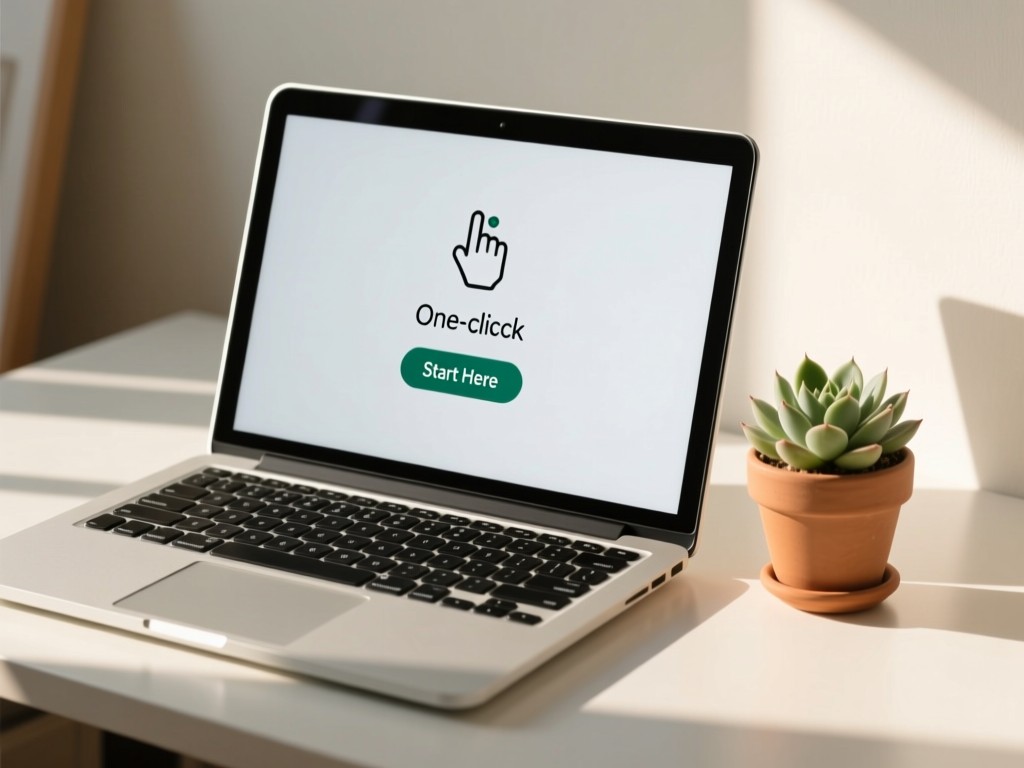 A clean laptop displaying a simple one-click 'Start Here' button on screen. Beside it, a small potted succulent catches morning light. Minimal desk setup. No people.