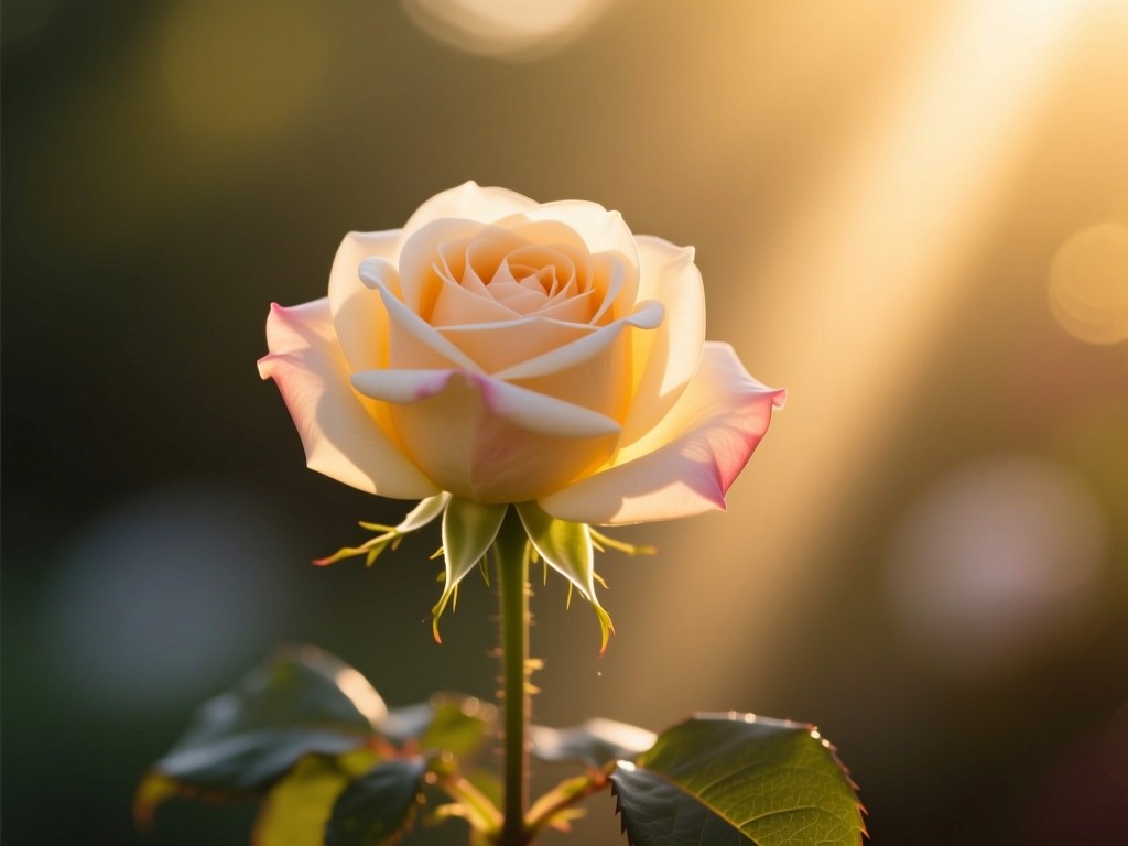 A single rose in full bloom, isolated in golden hour sunlight beam, shallow depth of field, soft blurred background, natural elegance.