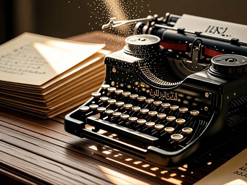 A vintage typewriter with Arabic and English keys. Sunlight highlights dust motes above a page showing calligraphic fusion. Stack of pearl-colored paper beside it. No people.