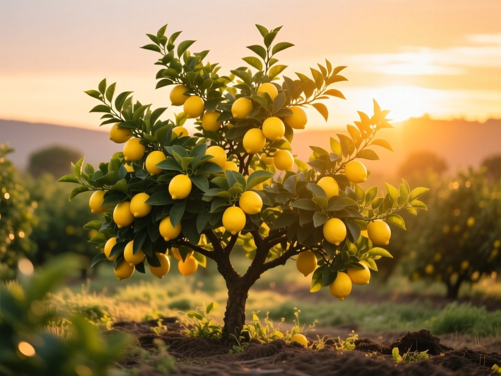 A single vibrant lemon tree in a sun-drenched orchard during golden hour, branches heavy with fruit symbolizing abundance and growth, warm sunset glow, soft shadows, natural colors.