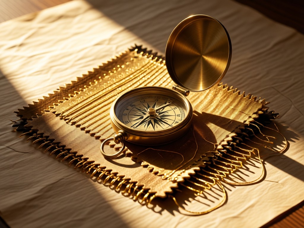 A brass compass resting on unfolded fabric samples with gold threads. Warm light creates long shadows on textured paper. Symbolizes worldwide connections. No people.
