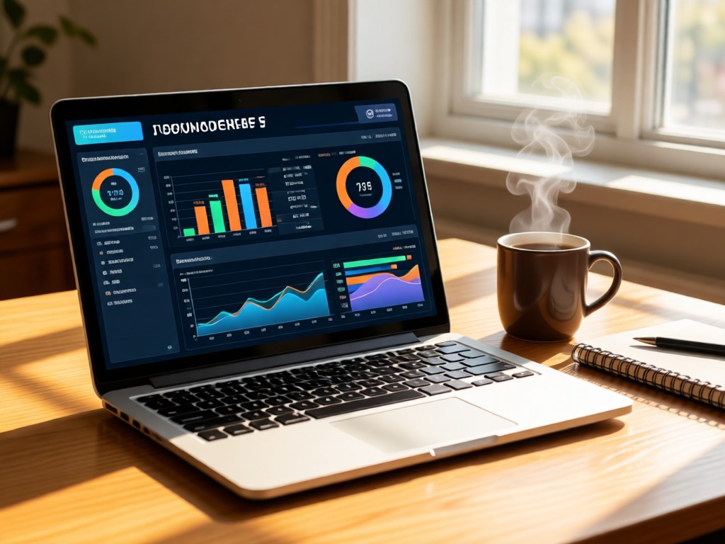 A laptop showing anonymized crime statistics dashboard on a sunlit desk. Next to it, a steaming coffee mug and notebook. Natural light emphasizes clarity. No people.