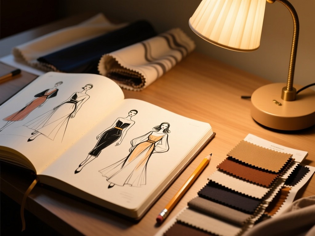 An open sketchbook showing fashion illustrations beside fabric samples. A well-used pencil rests nearby. Warm desk lamp lighting. No people.