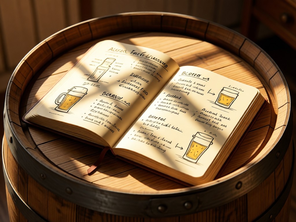 An open journal on a wooden barrel with sketches of beer recipes. Sunlight streams across handwritten notes about alcohol-free brewing. Warm, authentic mood. No people.