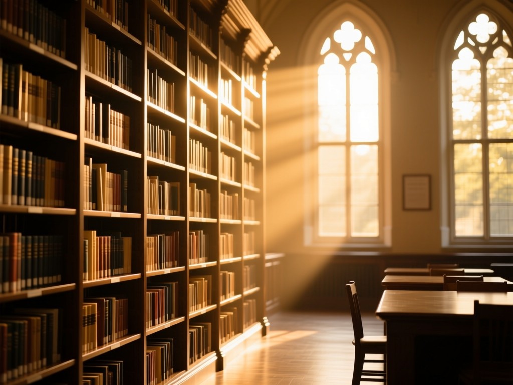 A single towering bookshelf in a sunlit library during golden hour, warm light streaming through high windows, casting soft shadows, emphasizing growth and knowledge, no people.