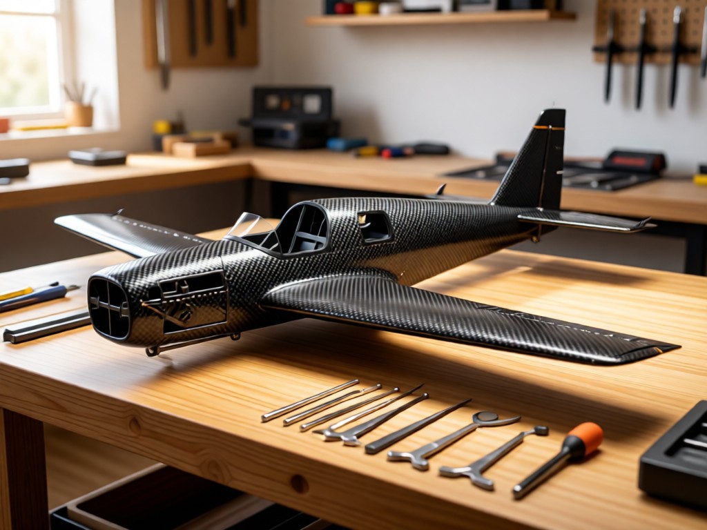 An intricately built RC airplane fuselage on a workbench. Soft sunlight highlights carbon fiber textures. Miniature tools arranged neatly beside it. Clean workshop backdrop. No people.