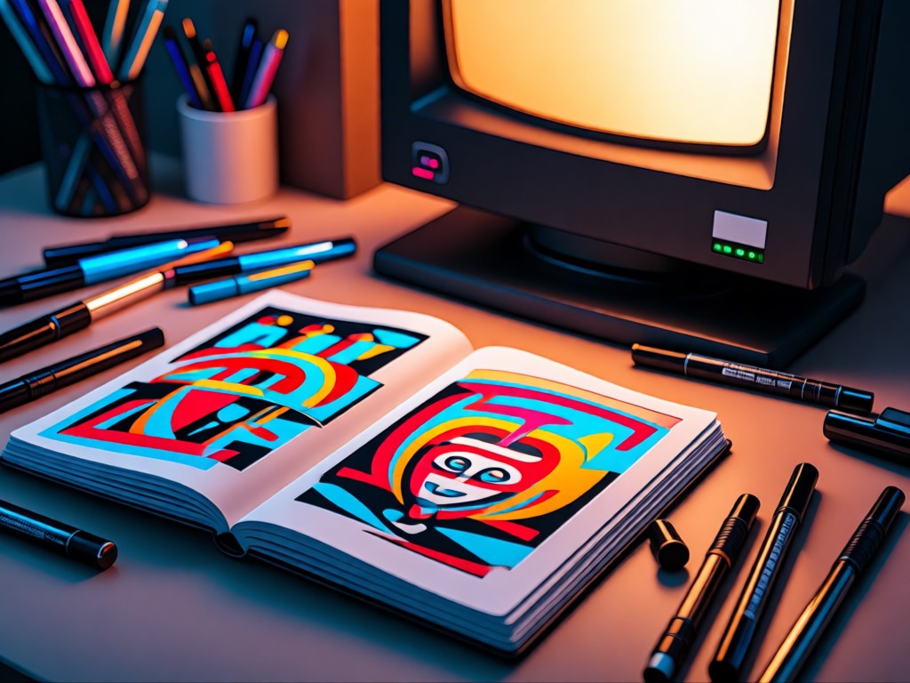 A neon-lit workspace with open sketchbook showing bold graphic designs. Metallic markers scattered beside a retro monitor glowing softly. Warm ambient lighting. No people.