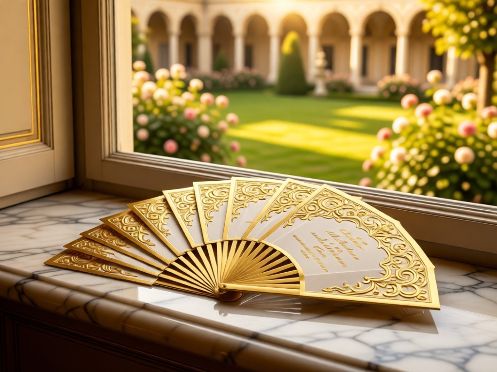 Ornate gilded invitation cards fanned out on a marble windowsill. Soft focus reveals sunlit palace gardens through the window. Warm golden tones.