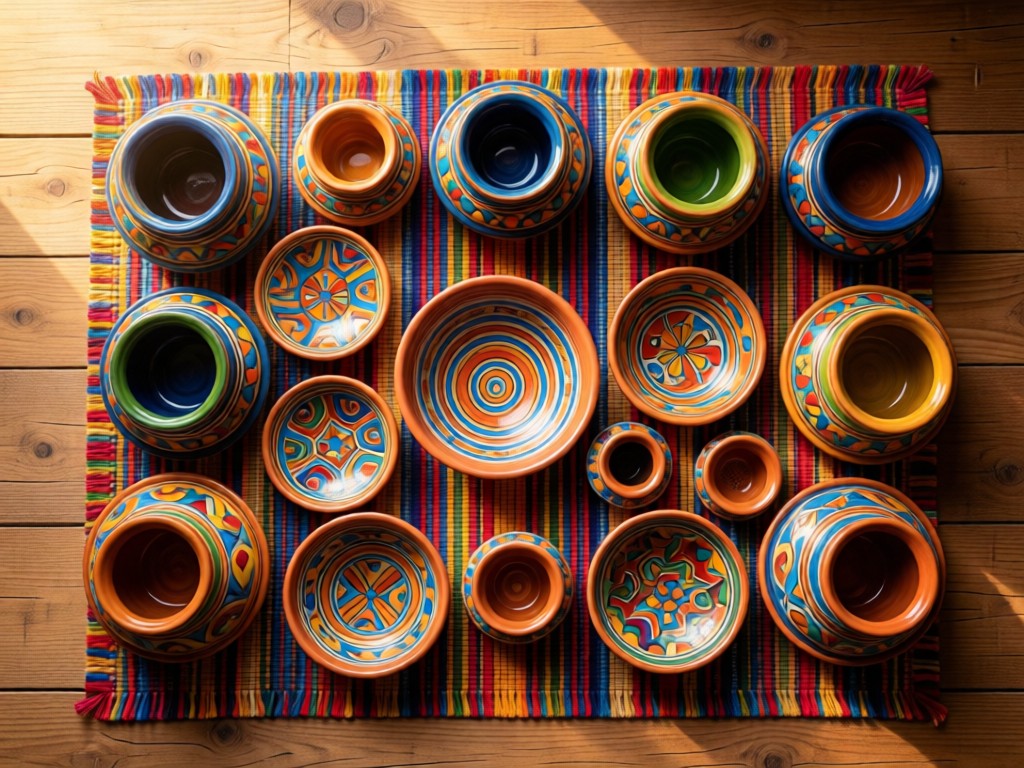 Overhead shot of colorful Peruvian ceramics arranged on a handwoven textile. Soft morning light enhances earthy tones and textures. Natural wood background. No people.