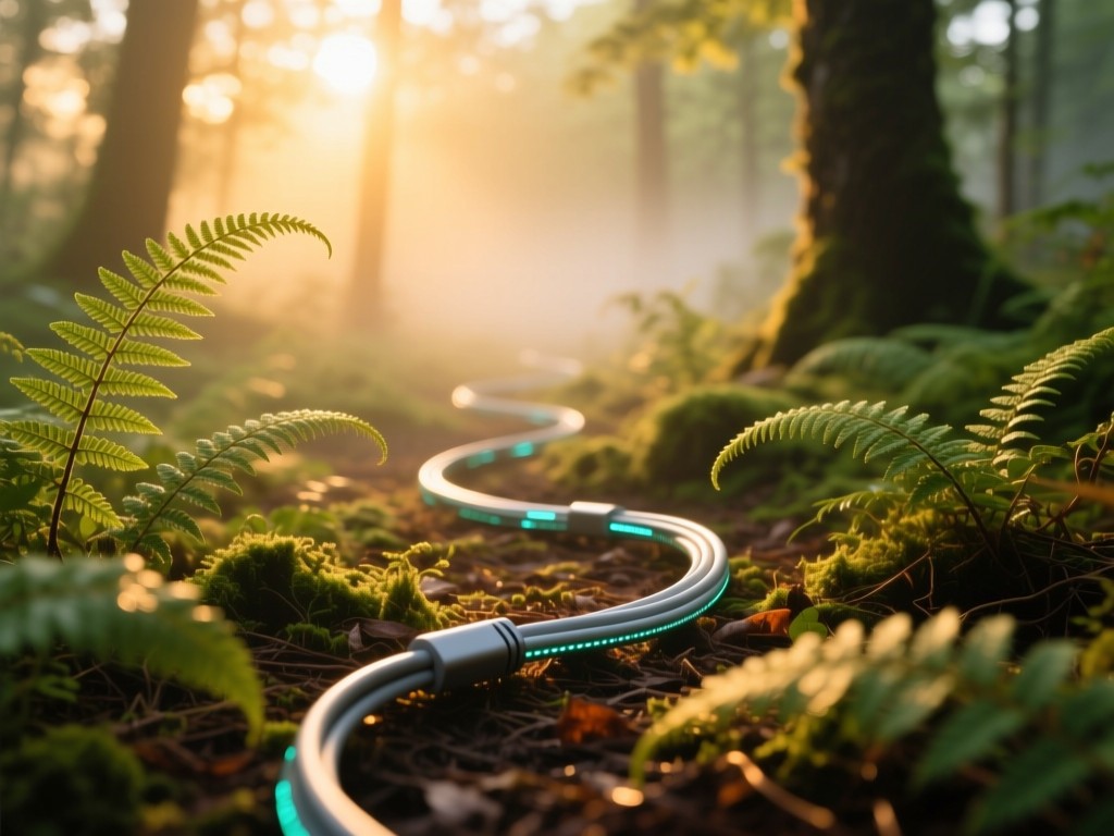 Winding data cable path through sunlit ferns on forest floor, golden hour mist, symbolic of discovery and connections, soft focus background, natural green and amber tones.
