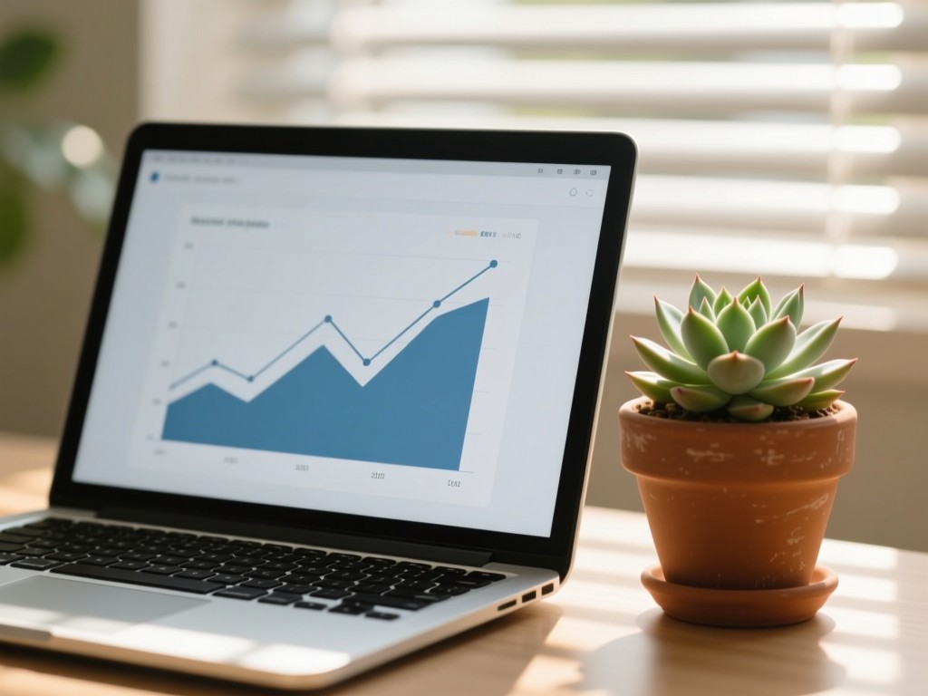A laptop screen showing simple analytics charts beside a potted succulent. Soft focus background with sunlight filtering through blinds.