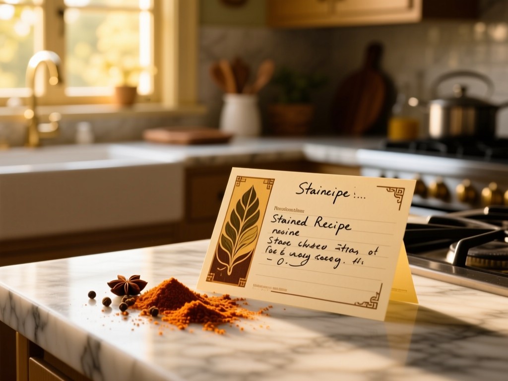 Stained recipe card with handwritten notes beside spilled spices on a marble counter, golden hour light through window, shallow focus, authentic kitchen atmosphere