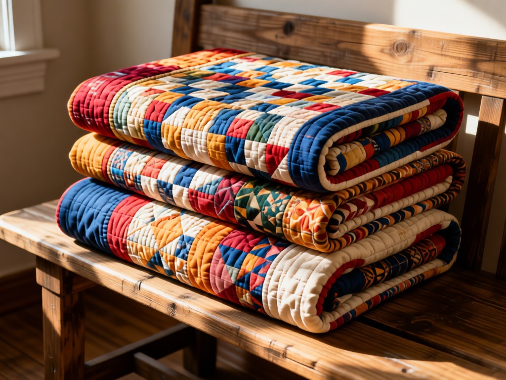 A neatly folded stack of handmade quilts on a rustic wooden bench in soft sunlight. Rich fabric textures and geometric patterns dominate. No people.