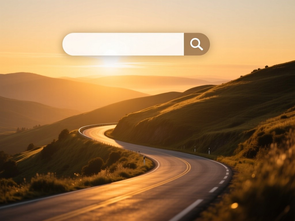 A winding road through sunlit hills at dusk, search icon hovering above horizon, warm golden light, symbolic of digital discovery, soft focus background, no human elements.