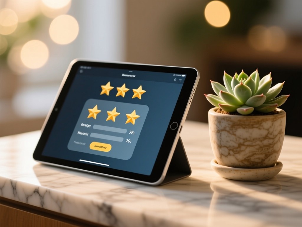 A modern tablet showing five-star reviews, resting on a marble surface beside a potted succulent. Soft focus background with bokeh light effects. Warm, professional tones. No people.