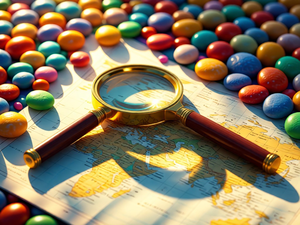 A magnifying glass resting on a map beside colorful pebbles, symbolizing discoverability. Warm afternoon light creates long shadows. No people.