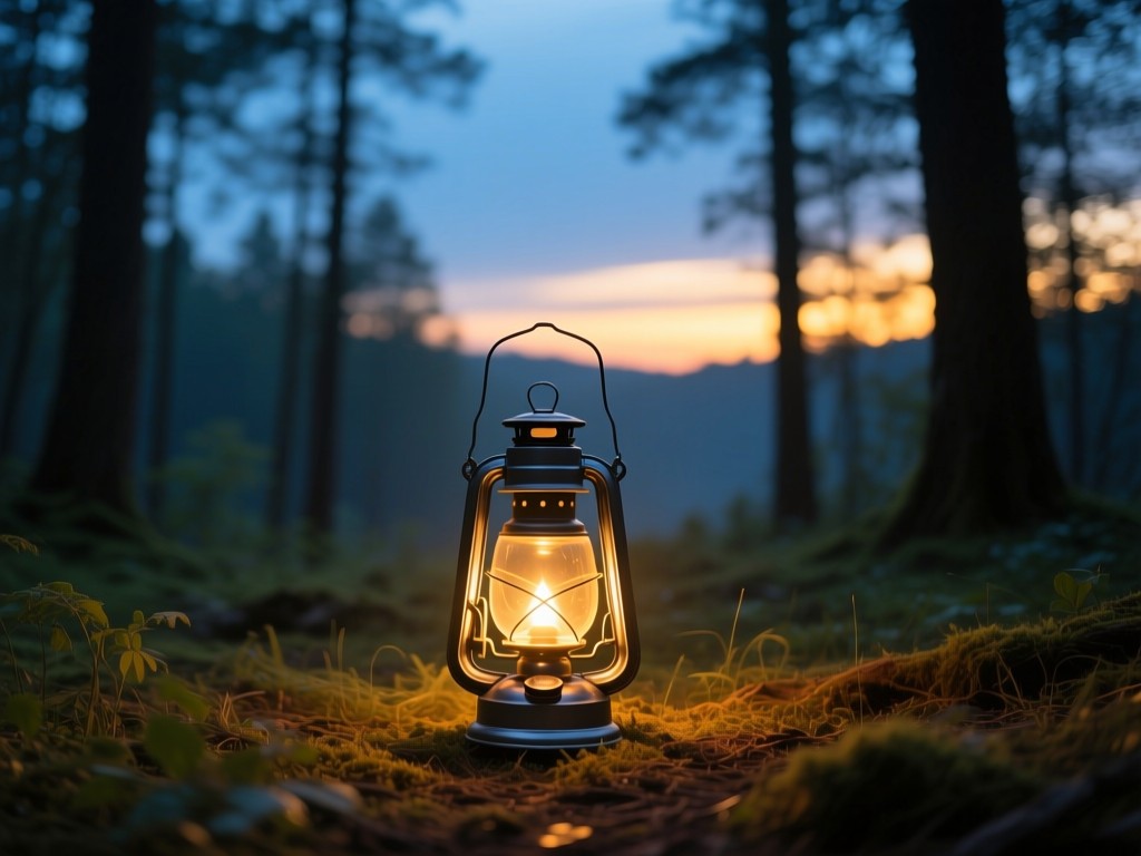Single illuminated lantern in a peaceful forest clearing during golden hour, warm glow against twilight blues, symbolizing guidance and mental clarity, shallow depth of field.
