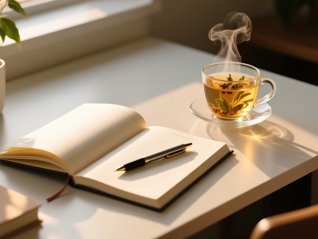 Minimalist desk with open nutrition journal and steaming herbal tea during golden hour, soft shadows, pen resting on blank page, warm natural lighting.
