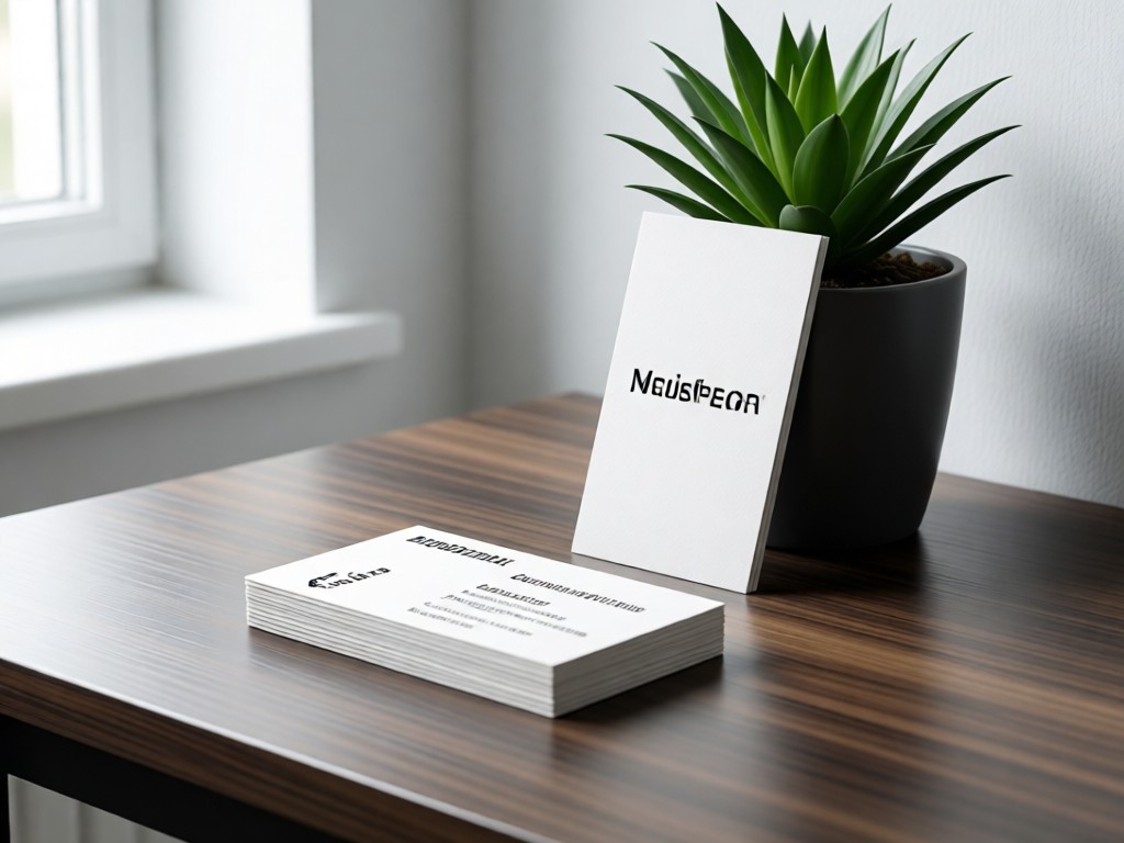 Neatly arranged professional business cards on a sleek desk. One card stands upright against a minimalist plant. Clean, focused composition with natural light. No people.